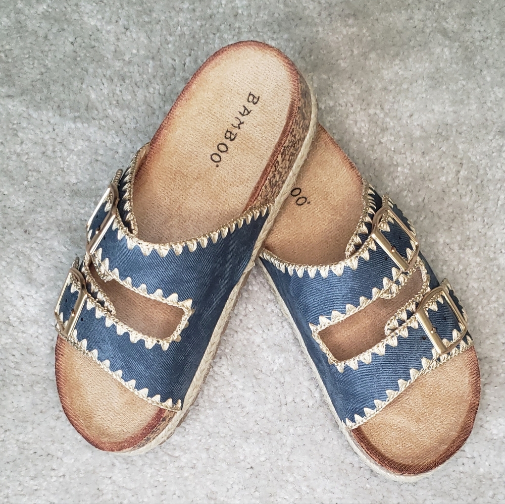 Blue(denim) Low Heel Cork Slip-on Sandal